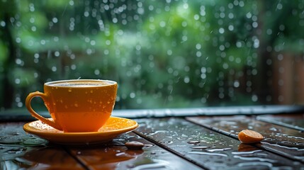 Cup of coffee on a rainy day