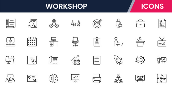 Vector illustration web line icon collection for workshop: tools, crafts, machinery, and creativity symbols in a dynamic, modern, and hands-on design style.