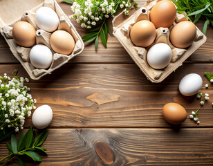 eco egg carton packaging mockup, top-down view, natural recycled paper material, editable branding area, placed on farm-style wooden background, soft natural light.