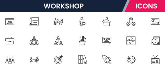 Vector illustration web line icon collection for workshop: tools, crafts, machinery, and creativity symbols in a dynamic, modern, and hands-on design style.