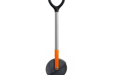 Circular garden weeder with ergonomic grip, cutting through soil, designed for efficient gardening and landscape maintenance on clean backdrop
