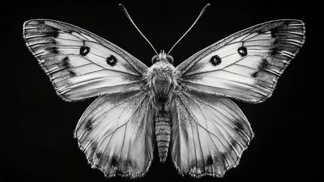 A close-up shot of a butterfly in black and white