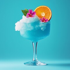 Vibrant blue tropical slush cocktail in margarita glass with orange slice, mint leaves, and pink flowers on turquoise background – perfect for summer parties, beach bar menus, tropical travel ads
