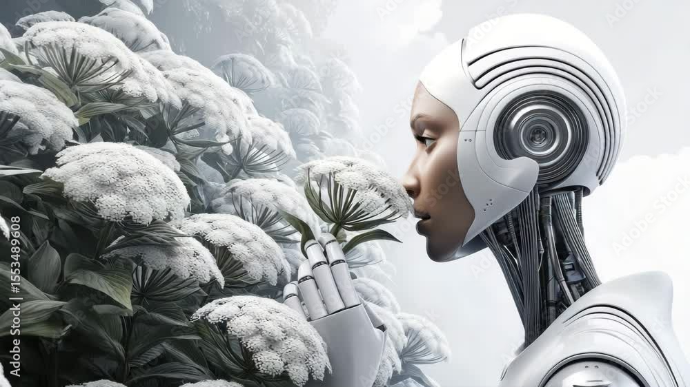 Poster an elegant cyborg gently sniffs white flowers, symbolizing the fusion of technology and nature, feel