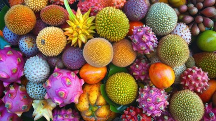 Diverse colorful tropical fruits, with vibrant textures and shapes, piled together closely
