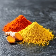 Vibrant spice showcase artistic closeup of chili and turmeric powder on dark slate background