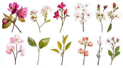 Spring flower elements for your designs! Includes colorful flowers, leaves, and branches on a white background. Great for decorations, Easter projects, stickers, and prints.
