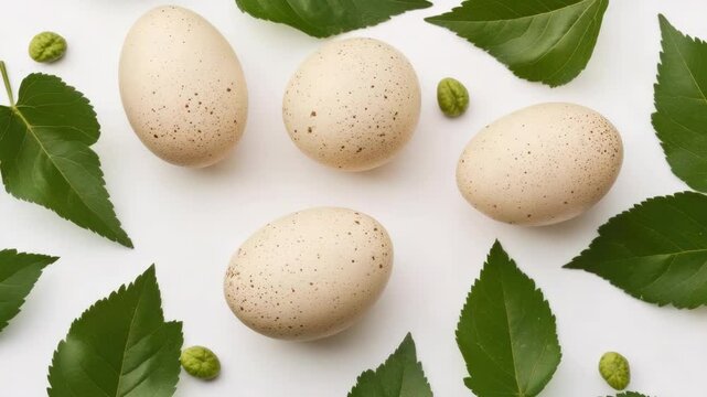 Close-up of four duck or chicken eggs on a bed of leafy greens, suggesting freshness and natural surroundings.