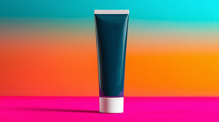 Dark Teal Cosmetic Tube on Vibrant Gradient Background for Skincare Product Mockup