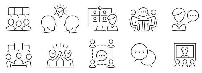 Communication icons set. Contact icons. Business training and workshop excellent icons. Discussion, speech bubble icon. Vector illustration
