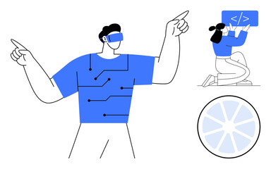 Man using virtual reality, wearable tech with circuits, woman coding on display, tech symbol. Ideal for innovation, programming, VR, future, AI UX design simple landing page