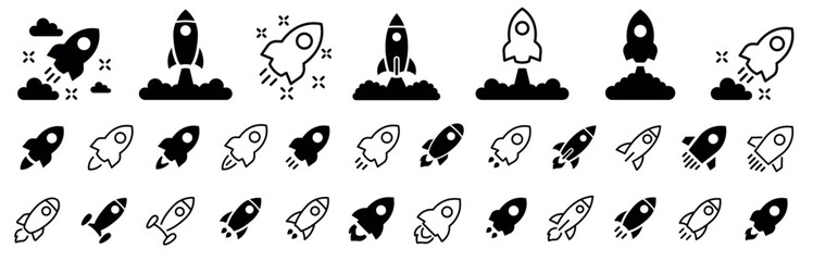 Rocket icon set. Rocket launch icon collection. Startup symbol. Launch spaceship or spacecraft. Rocket fast flying for space. Vector illustration.