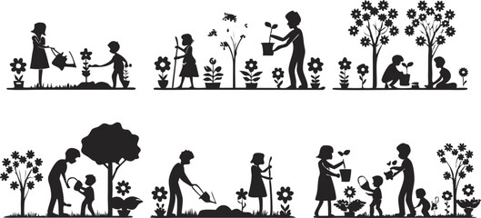 Silhouette Illustrations of People Gardening and Planting Flowers and Trees Together