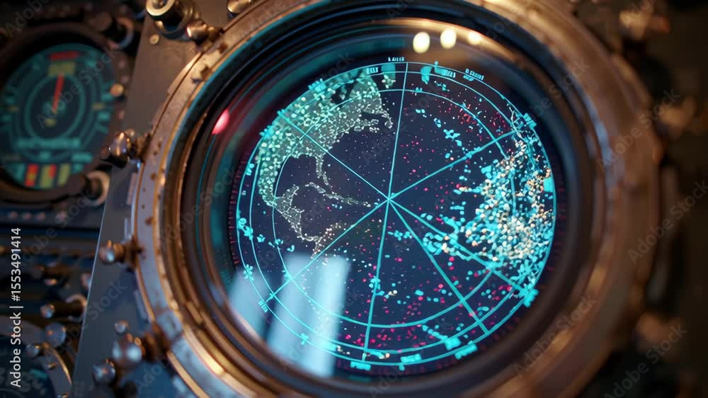 Poster close up view of a vintage radar console displaying marine navigation data, surrounded by monitoring