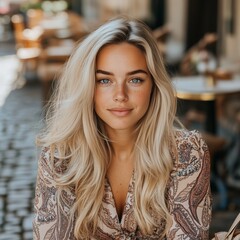 Blonde woman sitting at outdoor café in patterned blouse with natural makeup and soft lighting