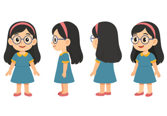 Cute School Girl Character Set – Front, Side, Back View in Flat Vector Style