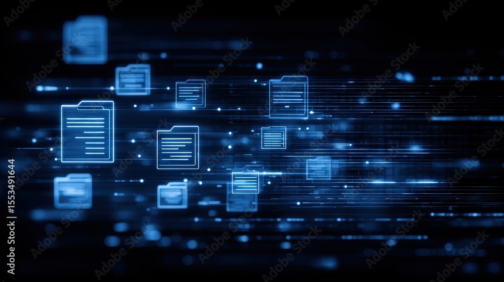 Poster abstract network grid with files and folders, futuristic software interface, digital document manage
