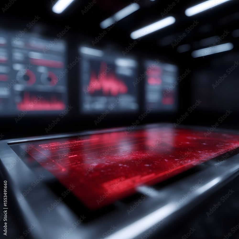 Poster futuristic lab table with floating blood analysis data screens