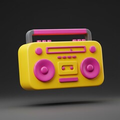 A 3D illustration of a retro boombox or ghettoblaster. This colorful icon represents 80s/90s music, hip hop, street culture, and nostalgia. Isolated on a dark background for easy use.