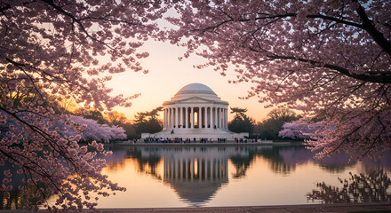 Jefferson Memorial Spring Blossom Panorama Washington DC Cherry Trees and Sunrise Reflection