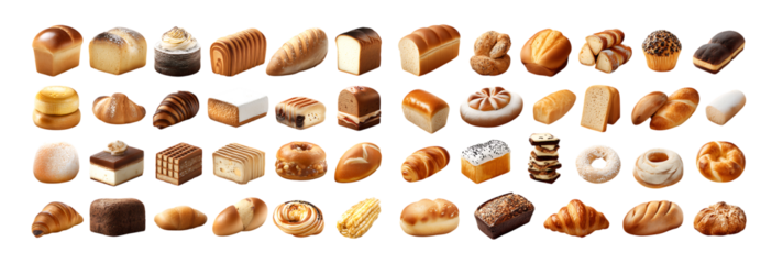 Set of 44 different types of breads and pastries, Bakery items collection set isolated on a transparent background