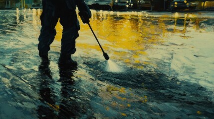 Person power washing a city street, water reflecting lights and creating abstract patterns