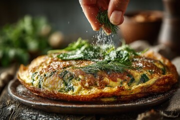 A hand is adding fresh herbs to a golden spinach omelette on a wooden table. Background elements suggest a cozy kitchen atmosphere