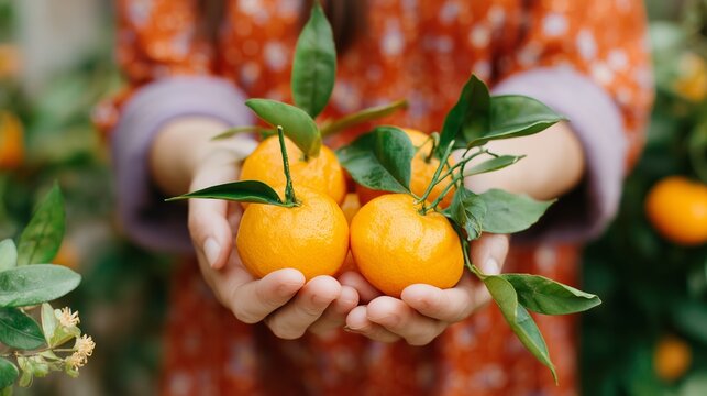 Freshly picked mandarins held in hands amidst lush greenery during a sunny day in a garden