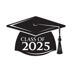Class of 2025, graduation cap, vector black silhouette graphic