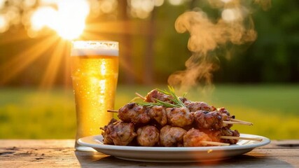 Grilled meat skewers served with cold beer outdoors during sunset - Powered by Adobe
