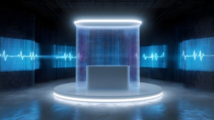 Futuristic health monitoring booth with mid air vital sign displays
