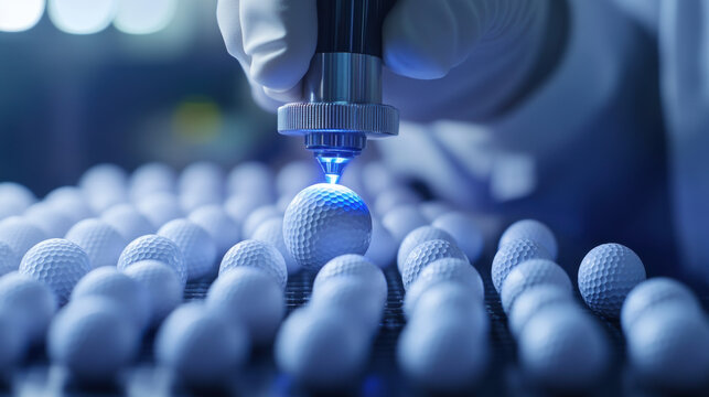 Ball factory, Laser engraving of dimples on a golf ball showcased in a high-resolution image.