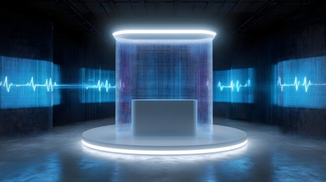 Futuristic health monitoring booth with mid air vital sign displays - Powered by Adobe