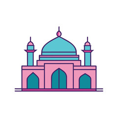 a retro 1980s mosque with neon outlines and symmet