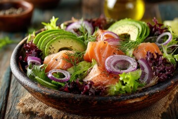 Colorful salad featuring fresh salmon, avocado slices, red onions, and mixed greens arranged beautifully in a rustic bowl