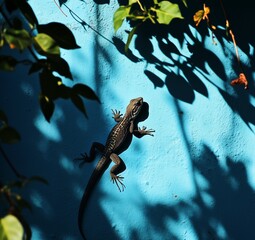 Lizard climbing a bright blue wall with leaf shadows – great for wildlife editorials, tropical travel themes, or nature-inspired design backdrops