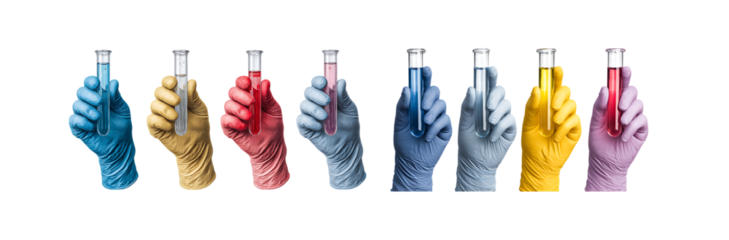 Pack of Colorful Science Eight Hands Hold Test Tubes with Vibrant Liquids against transparent Background