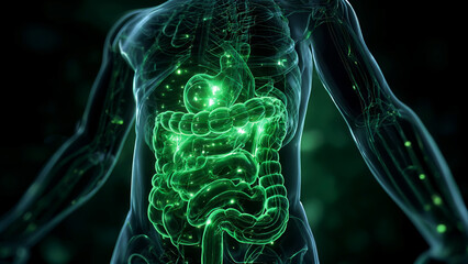 Glowing 3D digital model of human intestine reveals inner workings of digestive system in vivid detail. Visualization for medical presentations, scientific content, intestine function and anatomy