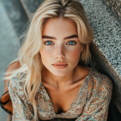 Close-up portrait of young blonde woman with blue eyes and freckles wearing paisley blouse – perfect for skincare campaigns, natural beauty product ads, fashion editorials, lifestyle blogs