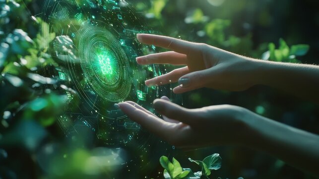 Hands interact with ethereal, green energy orb in lush forest