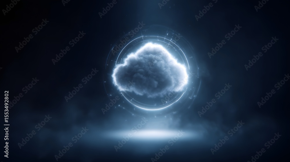 Poster glowing brain shaped cloud with orbiting lightbulb symbols in a futuristic interface