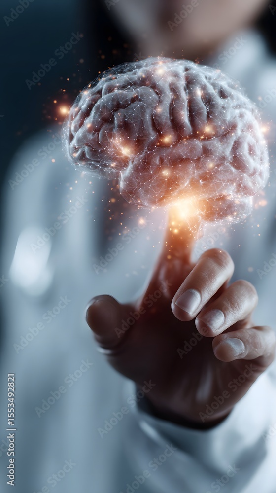 Aufkleber a scientist interacts with a projected brain model as digital idea icons appear