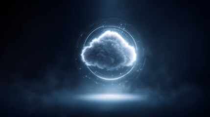 Glowing brain shaped cloud with orbiting lightbulb symbols in a futuristic interface