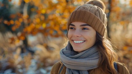 Smiling young woman enjoys the autumn weather in the forest. Autumn landscape