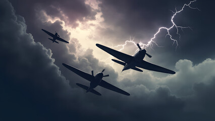Three Vintage Warplanes Stormy Sky Flight isolated on a transparent background