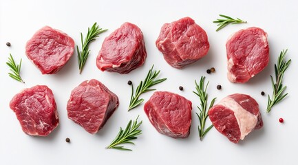 Raw beef tenderloin medallions with rosemary and peppercorns on white background – ideal for butcher shop ads, meat delivery service banners, recipe blogs, cooking tutorials, or steakhouse menus
