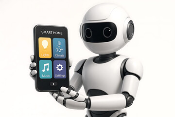 Fototapeta premium Robot Displaying Smart Home App on Smartphone