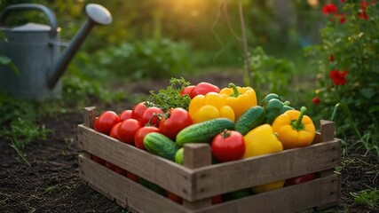 Fresh vegetables in wooden crate on garden soil during sunset - Powered by Adobe