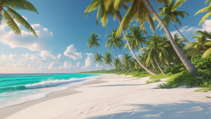 Tropical paradise: palm trees line the sandy beach with the clear ocean and blue sky