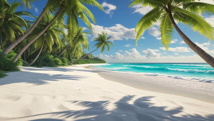 Tropical paradise beach with palm trees, turquoise ocean, and white sand
